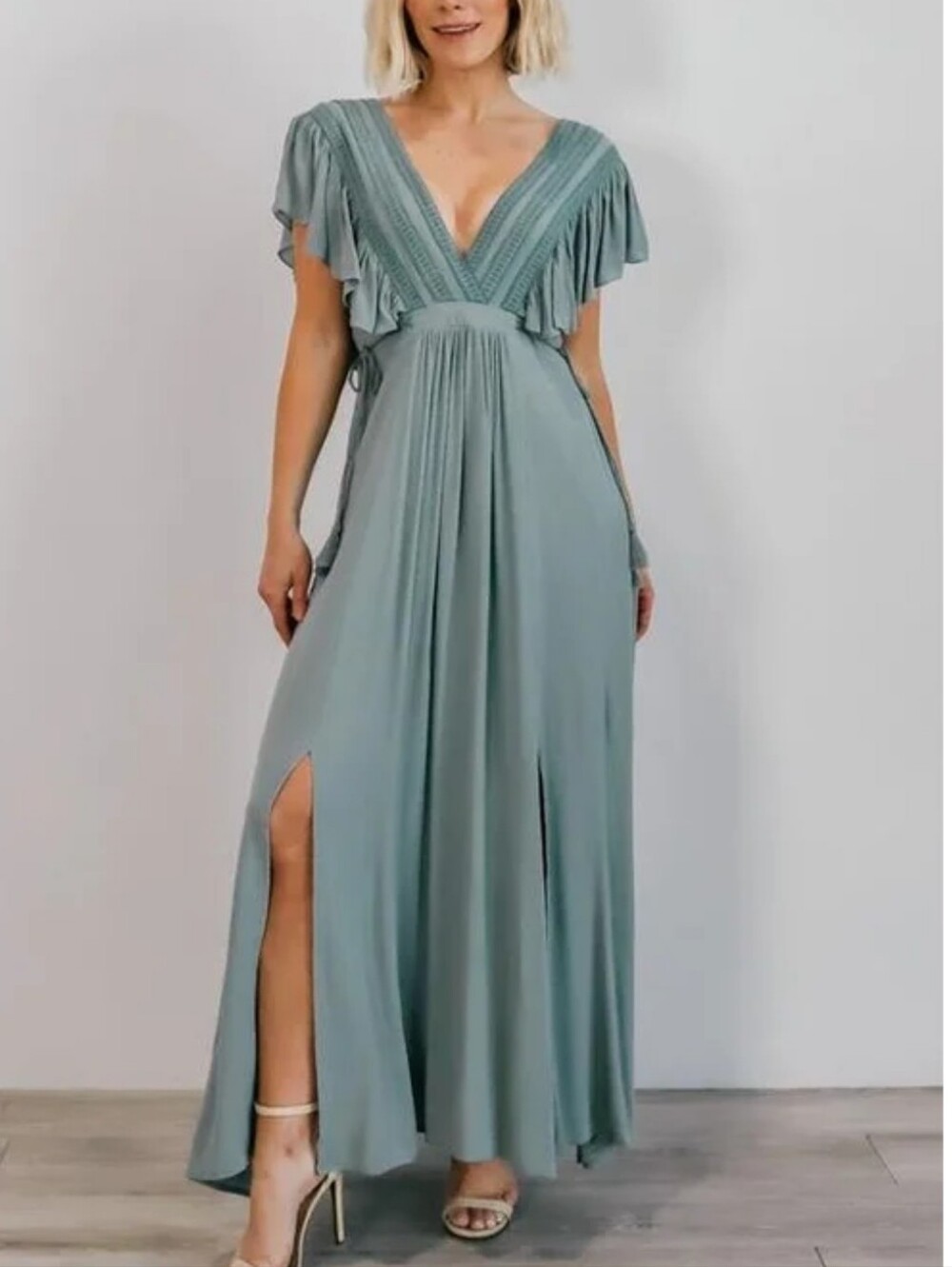 Baltic Born The Jennifer Deep V Maxi Dress Sage Green Tassel Tie Ruffle Detail